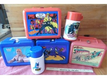 Lot Of 4 Vintage Lunchboxes & 2 Thermos Superman Batman Dick Tracy & Hulk