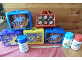 Lot Of 5 Vintage Lunchboxes & 3 Thermos Aladdin Garfield Beauty & The Beast Pocahontas