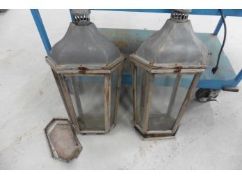 2 Vintage Light Fixtures Or Candle Holders Wood Glass And Tin