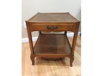Vintage Wood End Table With Leather Top & Storage Drawer