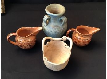 Pottery Lot 3 Handled Urn Italian Restaurant Jugs Hand Made Piece With Leaf Imprint