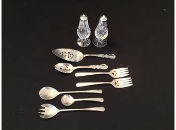 Silver Plate Lot Serving Utensils And Salt & Pepper Shakers