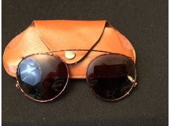 Pair Vintage Clip On Sunglasses With Leather Case