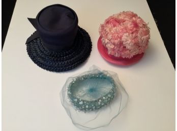 Lot Of 3 Fancy Vintage Hats Circa 1960s Navy Pink Floral Aqua Sequined