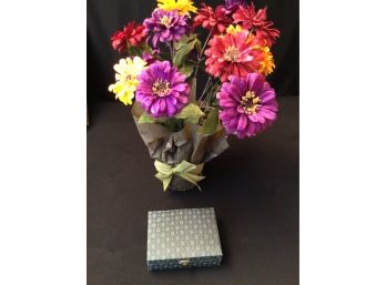 Faux Floral Arrangement And Chinese Decorative Bottle In Box