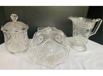 Pressed Glass Lot- Large Pitcher, Covered Biscuit Jar, Fluted Bowl Sawtooth Edge