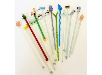 Lot Of 16 GLASS Cocktail Swizzle Sticks-Stirrers - Pink Elephant, Octopus, Cockatoo, Flamingo, Others
