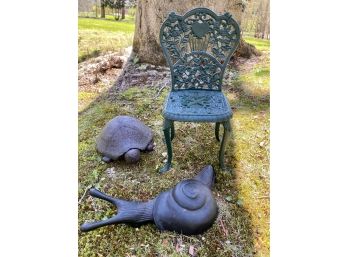 Lot Of 3 Garden Ornament- Accessories -  Chair, Ivy House England Snail, Terra Cotta Painted Turtle