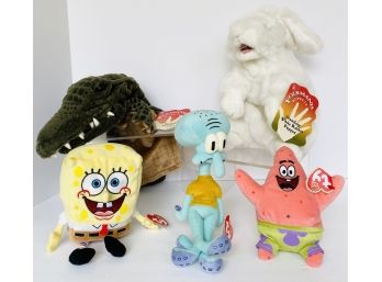New With Tags Plush Toy Lot: 2 Folkmanis Hand Puppets, 3 TY Beanie Babies Sponge Bob Characters