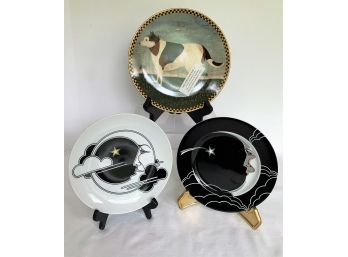 Decorative Plate Lot: 2 Fitz & Floyd 1976 Stardust, 1979 Variations, 1994 Barnyard Dog Warren Kimble #a0471