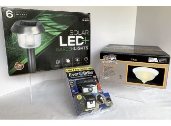 All NEW- Lot Of 3 Lighting Items- CEILING FIXTURE, 6 SOLAR LED LIGHTS, EVER BRITE MOTION ACTIVATED LIGHT