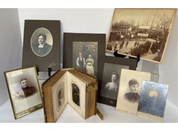Victorian Leather Bound Photo Album Pictures-Tintypes  Assorted Photos 1 In Heavy Glass Primitive Frame