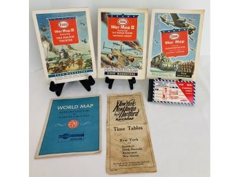 Transportation Ephemera Postage Lot-WWII War Maps, 1925 NY New Haven RR, Herald Square Parcel Post Labels