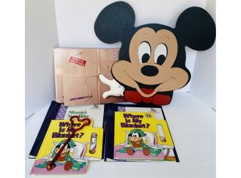 Disney Lot - Vintage 19' X 16' Mickey With Wall Mount, 2 Identical NIB Disney Books, One Mickey Shaped Pen