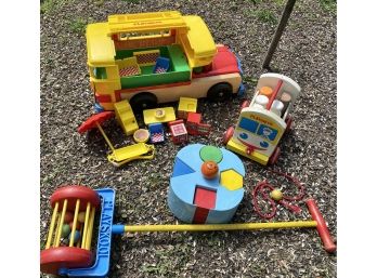 1960 -70  Era Playskool Lot - Play Camper, Dairy Wagon, Shapes Carousel,  Toddler Push Toy