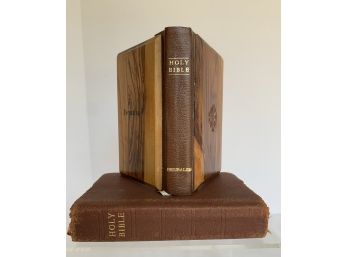 Lot Of 2 Bibles- One Bound In Wood The Other Bound In Leather