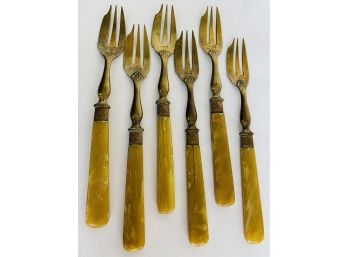 Vintage Set Of 6 GUELON France Brass Pastry Forks Bakelite Handles  (see Description)