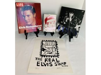 Elvis Lot: 2 Books, Complete Box Of Elvis Hallmark Christmas Cards, The Real Elvis Stamp Print Signed 14/300