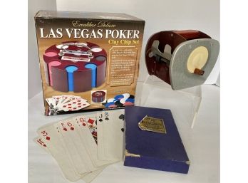 NIB Las Vegas Poker Clay Chip Set, Vintage Johnson Card Shuffler, Kingsbridge Giant Deck Of Playing Cards