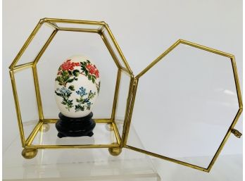 Signed Asian Japanese Chinese Hand Painted Real Egg Butterfly With Flowers With Stand In Oriental Glass Case