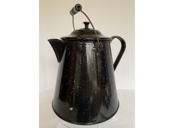 Very Large 11' Enamelware Black With White Specks Coffee Pot (see Description)