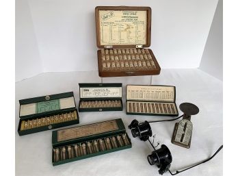 Vintage Watch Repair Tools- Loupe Glasses, 5 Boxes Swiss Jewel Screws (incomplete) 1 Wood Box, Postal Scale