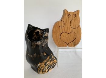 2 Signed Cat Figures 1 Ceramic CATS By Nina Vase, Signed Bob Ameri Folk Art Teak Cat With Removable Heart