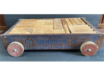 Vintage Holgate Playroom Wooden Wagon And Two Layers Of Wooden Blocks ( READ DESCRIPTION)