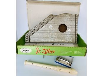 3 Children's Instruments -Jaymar Jr. Zither Italy, Plastic Empire Recorder, Newer Blues Band Harmonica In Box