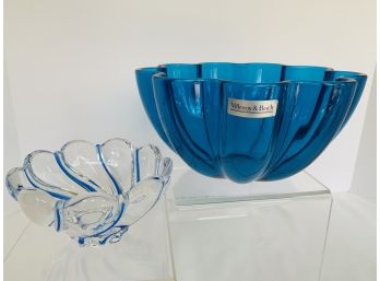 2 Scalloped Bowls- With Label Villeroy & Boch 8-1/2' X 4-1/2' Smaller Clear Bowl With Blue 5-12' X 3'