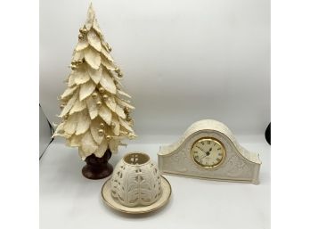 Lenox Clock, Lenox Votive Holder & Fabric Tree