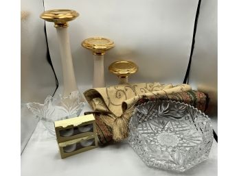 Decorative Lot ~ 3 Pillar Candle Holders, Runners, Crystal Bowl & More ~
