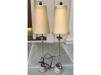 Pair Metal Stick Lamps With Fabric Shades And Crystals