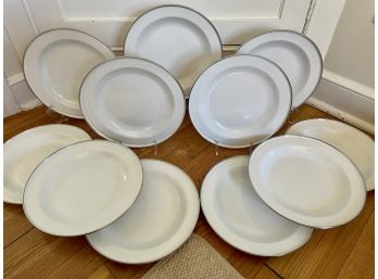 Set Of Eleven Chrome Rimmed White Enamel Dinner Plates