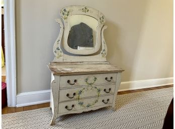 Small Child's Antique Paint Decorated Dresser With Attached Framed Mirror