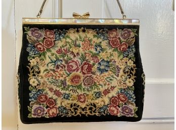 Vintage Needlepoint Purse Adorned With Mother Of Pearl Frame