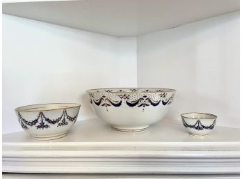 Three Compatible Porcelain Bowls With Blue & Gold Swag Design, Two Antique