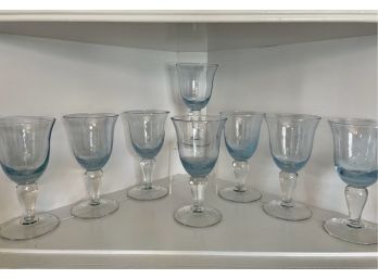 Set Of Eight Pale Blue Bubble Glass Water Goblets