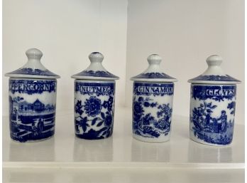 Four Blue & White Ceramic Spice Canisters