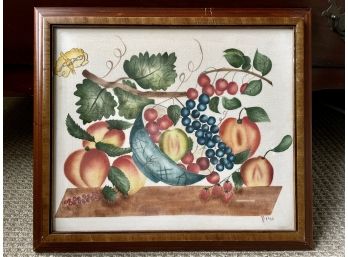 American Folk Art Theorem Painting Of Fruit Still Life By Pauline Biggs (American, 20th Century) Dated 1980
