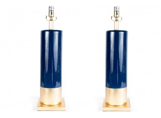 (11) Pair Of Blue And Gold Leaf  Ceramic Table Lamp From Safavieh