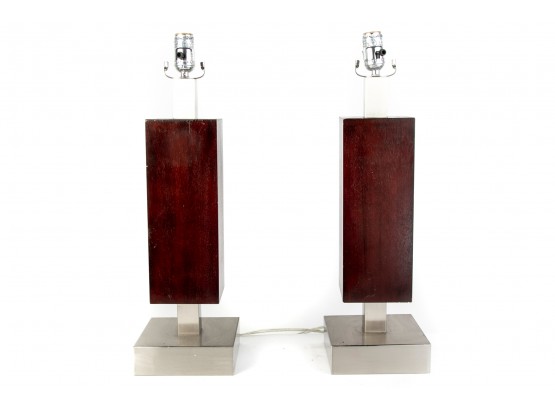 (71) Pair Of Wood And Brushed Nickel Square Base Table Lamps