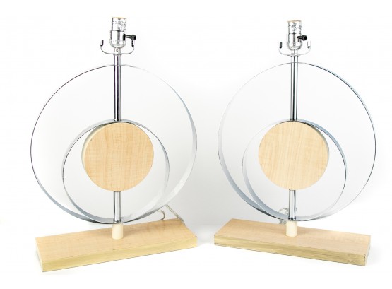 (82) Pair Of Maple Veneer And Chrome Circular Table Lamps