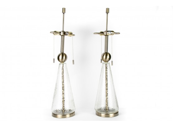 (86)  Pair Of Glass And Brushed Gold Table Lamps