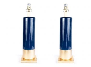 (11) Pair Of Blue And Gold Leaf  Ceramic Table Lamp From Safavieh