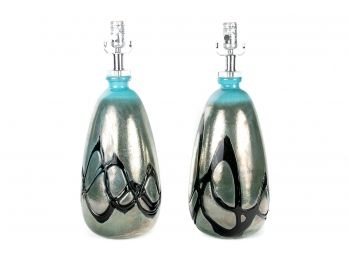 (90) Pair Of Metallic Finish Glazed Glass Table Lamps