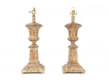 (89) Pair Of Antiqued Urn Shaped Table Lamps From Chelsea House
