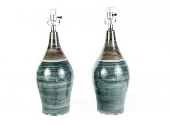 (58) Pair Of Retro Ceramic Teal And Brown Table Lamps