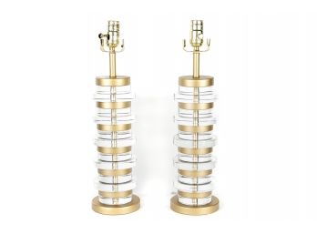 (111) Pair Of Brushed Gold And Acrylic Table Lamps