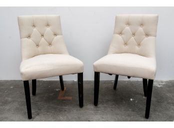 (35) Pair Of Cream Linen Tufted Parsons Chairs